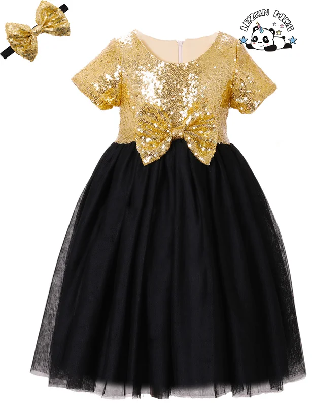 LEZONKIDS - Girls' Sequins Gauze Dress New Style Children's Short Sleeved Flower Children's Dress Princess Bowknot Peng Peng Dress